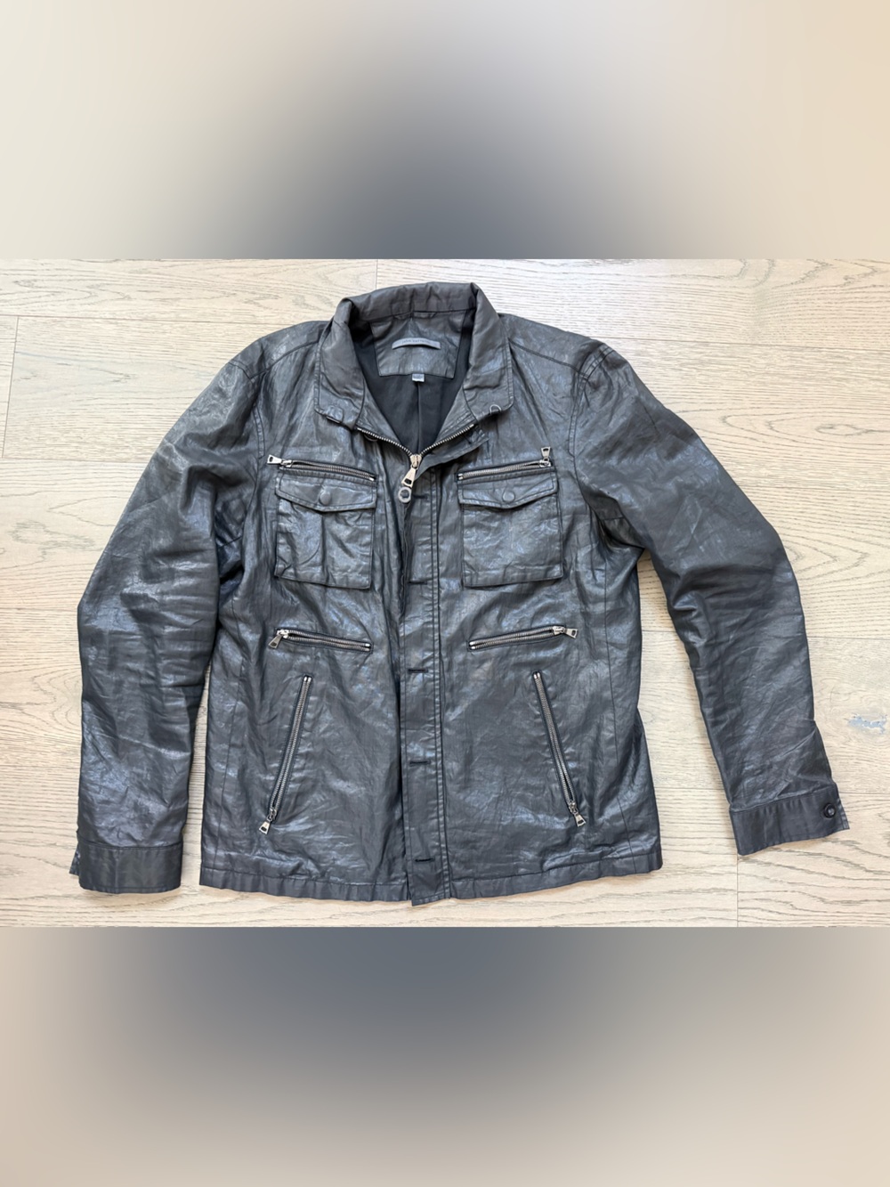 John Varvatos Large Black Hooded Linen Moto Jacket